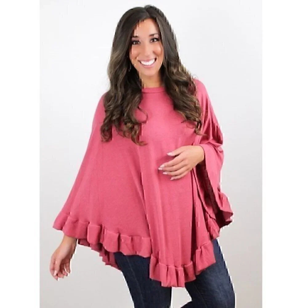 Ruffled Hem Poncho Sweater - Rose